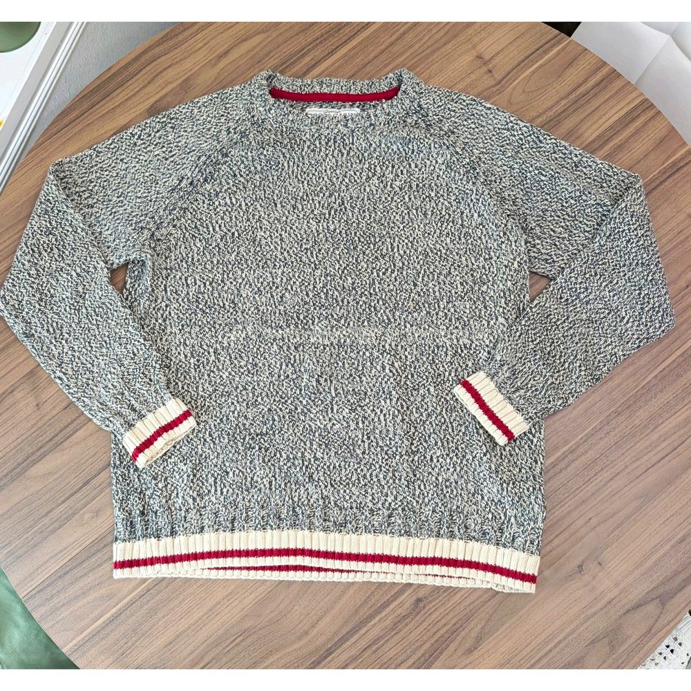 Roots Cabin Mens XL Gray Marled Knit Crewneck Sweater Cotton Blend Red Stripe